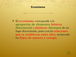 Ecosistema El  ecosistema   corresponde a la  agrupación de elementos  bióticos  (biocenosis)  y  abióticos  (biotopo)  de un lugar determinado, junto con las  relaciones que se establecen entre ellos , incluyendo los  flujos de materia y energía . 