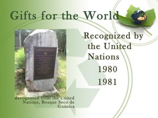 Gifts for the World
                              -   Recognized by
                                   the United
                                   Nations
                                     1980
                                     1981
Recognition from the United
   Nations, Bosque Seco de
                    Guánica
 
