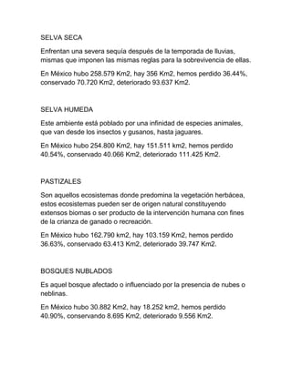 SELVA SECA
Enfrentan una severa sequía después de la temporada de lluvias,
mismas que imponen las mismas reglas para la sobrevivencia de ellas.
En México hubo 258.579 Km2, hay 356 Km2, hemos perdido 36.44%,
conservado 70.720 Km2, deteriorado 93.637 Km2.
SELVA HUMEDA
Este ambiente está poblado por una infinidad de especies animales,
que van desde los insectos y gusanos, hasta jaguares.
En México hubo 254.800 Km2, hay 151.511 km2, hemos perdido
40.54%, conservado 40.066 Km2, deteriorado 111.425 Km2.
PASTIZALES
Son aquellos ecosistemas donde predomina la vegetación herbácea,
estos ecosistemas pueden ser de origen natural constituyendo
extensos biomas o ser producto de la intervención humana con fines
de la crianza de ganado o recreación.
En México hubo 162.790 km2, hay 103.159 Km2, hemos perdido
36.63%, conservado 63.413 Km2, deteriorado 39.747 Km2.
BOSQUES NUBLADOS
Es aquel bosque afectado o influenciado por la presencia de nubes o
neblinas.
En México hubo 30.882 Km2, hay 18.252 km2, hemos perdido
40.90%, conservando 8.695 Km2, deteriorado 9.556 Km2.
 