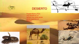 ATRA
S

DESIERTO
Poseen fauna y flora
muy escasa en un
terreno muy árido donde
pocas especies se
adaptan.

 