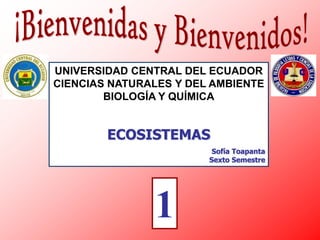 UNIVERSIDAD CENTRAL DEL ECUADOR
CIENCIAS NATURALES Y DEL AMBIENTE
BIOLOGÍA Y QUÍMICA

ECOSISTEMAS
Sofía Toapanta
Sexto Semestre

1

 