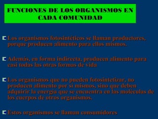 FUNCIONES DE LOS ORGANISMOS EN
CADA COMUNIDAD
Los organismos fotosintéticos se llaman productores,
porque producen alimento para ellos mismos.
Además, en forma indirecta, producen alimento para
casi todas las otras formas de vida
Los organismos que no pueden fotosintetizar, no
producen alimento por sí mismos, sino que deben
adquirir la energía que se encuentra en las moléculas de
los cuerpos de otros organismos.
Estos organismos se llaman consumidores

 