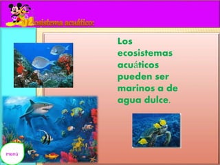 Los 
ecosistemas 
acuáticos 
pueden ser 
marinos a de 
agua dulce. 
menú 
 