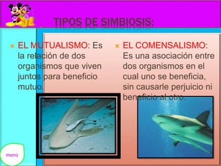 TIPOS DE SIMBIOSIS: 
 EL MUTUALISMO: Es 
la relación de dos 
organismos que viven 
juntos para beneficio 
mutuo. 
 EL COMENSALISMO: 
Es una asociación entre 
dos organismos en el 
cual uno se beneficia, 
sin causarle perjuicio ni 
beneficio al otro. 
menú 
 