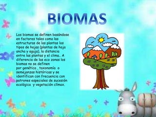 Los biomas se definen basándose 
en factores tales como las 
estructuras de las plantas los 
tipos de hojas (plantas de hoja 
ancha y aguja), la distancia 
entre las plantas y el clima.. A 
diferencia de las eco zonas los 
biomas no se definen 
por genética , taxonomía o 
semejanzas históricas y se 
identifican con frecuencia con 
patrones especiales de sucesión 
ecológica y vegetación clímax. 
 