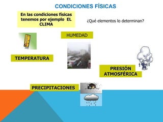 CONDICIONES FÍSICAS 
En las condiciones físicas 
tenemos por ejemplo EL 
CLIMA 
¿Qué elementos lo determinan? 
TEMPERATURA 
HUMEDAD 
PRECIPITACIONES 
PRESIÓN 
ATMOSFÉRICA 
 