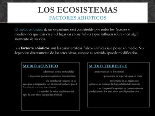 LOS ECOSISTEMAS
FACTORES ABIOTICOS
El medio ambiente de un organismo está constituido por todos los factores o
condiciones que existen en el lugar en el que habita y que influyen sobre él en algún
momento de su vida.
Los factores abióticos son las características fisico-químicas que posee un medio. No
dependen directamente de los seres vivos, aunque su actividad puede modificarlos.
MEDIO ACUATICO
TEMPERATURA: disminuye con la profundidad
LUZ: importante para los organismos fotosintéticos
GASES DISUELTOS: la cantidad de oxígeno en el
agua para la respiración y el dioxido de carbono para la
fotosíntesis son muy importantes
SALINIDAD: la cantidad de sales, condicionará el
tipo de seres vivos que puedan vivir alli.
MEDIO TERRESTRE
LUZ: importante en la fotosíntesis
HUMEDAD: proporción de vapor de agua en el aire
TEMPERATURA: importante en las reacciones
químicas, asi como en la disponibilidad de alimento
SUELO: su composición química así como su textura
condicionará a los seres vivos que alli puedan vivir
 