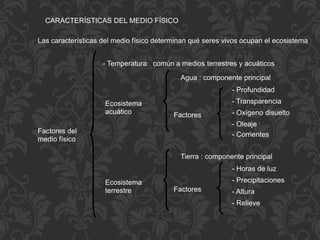 CARACTERÍSTICAS DEL MEDIO FÍSICO
Las características del medio físico determinan qué seres vivos ocupan el ecosistema
Factores del
medio físico
- Temperatura: común a medios terrestres y acuáticos
Ecosistema
acuático
Agua : componente principal
Factores
- Profundidad
- Transparencia
- Oxígeno disuelto
- Oleaje
- Corrientes
Ecosistema
terrestre
Tierra : componente principal
Factores
- Horas de luz
- Precipitaciones
- Altura
- Relieve
 