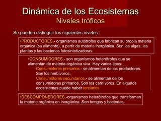 Dinámica de los EcosistemasDinámica de los Ecosistemas
Niveles tróficosNiveles tróficos
Se pueden distinguir los siguientes niveles:Se pueden distinguir los siguientes niveles:
•PRODUCTORES.- organismos autótrofos que fabrican su propia materia
orgánica (su alimento), a partir de materia inorgánica. Son las algas, las
plantas y las bacterias fotosintetizadoras.
•CONSUMIDORES.- son organismos heterótrofos que se
alimentan de materia orgánica viva. Hay varios tipos:
Consumidores primarios.- se alimentan de los productores.
Son los herbívoros.
Consumidores secundarios.- se alimentan de los
consumidores primarios. Son los carnívoros. En algunos
ecosistemas puede haber terciarios.
•DESCOMPONEDORES.-organismos heterótrofos que transforman
la materia orgánica en inorgánica. Son hongos y bacterias.
 
