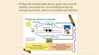 • El flujo de entrada debe de ser igual a la suma de
salidas y acumulación. Sin embargo el tipo de
energía que entra, sale o se acumula será distinta.
 
