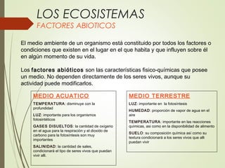 LOS ECOSISTEMAS
FACTORES ABIOTICOS
El medio ambiente de un organismo está constituido por todos los factores o
condiciones que existen en el lugar en el que habita y que influyen sobre él
en algún momento de su vida.
Los factores abióticos son las características fisico-químicas que posee
un medio. No dependen directamente de los seres vivos, aunque su
actividad puede modificarlos.
MEDIO ACUATICO
TEMPERATURA: disminuye con la
profundidad
LUZ: importante para los organismos
fotosintéticos
GASES DISUELTOS: la cantidad de oxígeno
en el agua para la respiración y el dioxido de
carbono para la fotosíntesis son muy
importantes
SALINIDAD: la cantidad de sales,
condicionará el tipo de seres vivos que puedan
vivir alli.
MEDIO TERRESTRE
LUZ: importante en la fotosíntesis
HUMEDAD: proporción de vapor de agua en el
aire
TEMPERATURA: importante en las reacciones
químicas, asi como en la disponibilidad de alimento
SUELO: su composición química así como su
textura condicionará a los seres vivos que alli
puedan vivir
 