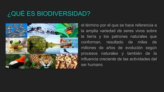 ¿QUÉ ES BIODIVERSIDAD?
el término por el que se hace referencia a
la amplia variedad de seres vivos sobre
la tierra y los patrones naturales que
conforman, resultado de miles de
millones de años de evolución según
procesos naturales y también de la
influencia creciente de las actividades del
ser humano
 