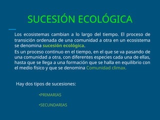 SUCESIÓN ECOLÓGICA
Los ecosistemas cambian a lo largo del tiempo. El proceso de
transición ordenada de una comunidad a otra en un ecosistema
se denomina sucesión ecológica.
Es un proceso continuo en el tiempo, en el que se va pasando de
una comunidad a otra, con diferentes especies cada una de ellas,
hasta que se llega a una formación que se halla en equilibrio con
el medio físico y que se denomina Comunidad climax.
Hay dos tipos de sucesiones:
•PRIMARIAS
•SECUNDARIAS
 