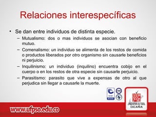 Relaciones interespecíficas
• Se dan entre individuos de distinta especie.
– Mutualismo: dos o mas individuos se asocian con beneficio
mutuo.
– Comenalismo: un individuo se alimenta de los restos de comida
o productos liberados por otro organismo sin causarle beneficios
ni perjuicio.
– Inquilinismo: un individuo (inquilino) encuentra cobijo en el
cuerpo o en los restos de otra especie sin causarle perjuicio.
– Parasitismo: parasito que vive a expensas de otro al que
perjudica sin llegar a causarle la muerte.
 