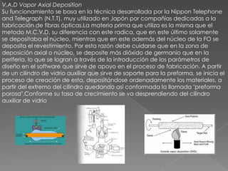 V.A.D Vapor Axial DepositionSu funcionamiento se basa en la técnica desarrollada por la Nippon Telephone and Telegraph (N.T.T), muy utilizado en Japón por compañías dedicadas a la fabricación de fibras ópticas.La materia prima que utiliza es la misma que el metodo M.C.V.D, su diferencia con este radica, que en este último solamente se depositaba el núcleo, mientras que en este además del núcleo de la FO se deposita el revestimiento. Por esta razón debe cuidarse que en la zona de deposición axial o núcleo, se deposite más dióxido de germanio que en la periferia, lo que se logran a través de la introducción de los parámetros de diseño en el software que sirve de apoyo en el proceso de fabricación. A partir de un cilindro de vidrio auxiliar que sirve de soporte para la preforma, se inicia el proceso de creación de esta, depositándose ordenadamente los materiales, a partir del extremo del cilindro quedando así conformada la llamada "preforma porosa".Conforme su tasa de crecimiento se va desprendiendo del cilindro auxiliar de vidrio
