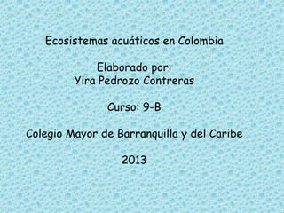 Ecosistemas acuáticos en Colombia

             Elaborado por:
         Yira Pedrozo Contreras

               Curso: 9-B

Colegio Mayor de Barranquilla y del Caribe

                  2013
 