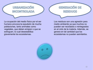 m

La ocupación del medio físico por el ser   Los residuos son una agresión para
humano provoca la expulsión de mucha       medio ambiente ya que muchos no
poblaciones, tanto animales como           pueden ser reciclados o reintegrados
vegetales, que deben emigrar o que se      en el ciclo de la materia. Además, se
extinguen, lo cual desestabiliza           genera en tal cantidad que los
gravemente los ecosistemas.                ecosistemas no pueden asimilarlos.




                                                                            22
 