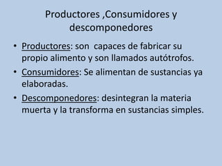 Productores ,Consumidores y
descomponedores
• Productores: son capaces de fabricar su
propio alimento y son llamados autótrofos.
• Consumidores: Se alimentan de sustancias ya
elaboradas.
• Descomponedores: desintegran la materia
muerta y la transforma en sustancias simples.
 