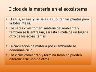 Ciclos de la materia en el ecosistema
• El agua, el aire y las sales las utilizan las plantas para
la fotosíntesis.
• Los seres vivos toman materia del ambiente y
también se la entregan, así esta circula de un lugar a
otro de los ecosisitemas.
• La circulación de materia por el ambiente se
denomina ciclo .
• Los ciclos comienzan y termina también pueden
diferenciarse uno de otros.
 