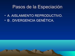 Pasos de la EspeciaciónPasos de la Especiación
• A. AISLAMIENTO REPRODUCTIVO.
• B . DIVERGENCIA GENÉTICA.
 