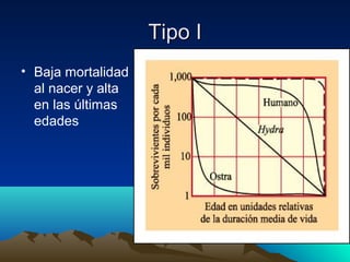 Tipo ITipo I
• Baja mortalidad
al nacer y alta
en las últimas
edades
 