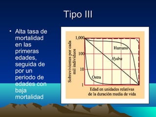 Tipo IIITipo III
• Alta tasa de
mortalidad
en las
primeras
edades,
seguida de
por un
periodo de
edades con
baja
mortalidad
 