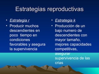 Estrategias reproductivasEstrategias reproductivas
• Estrategia r
• Producir muchos
descendientes en
poco tiempo en
condiciones
favorables y asegura
la supervivencia
• Estrategia k
• Producción de un
bajo numero de
descendientes con
mayor tamaño,
mejores capacidades
competitivas,
asegurar
supervivencia de las
crias
 