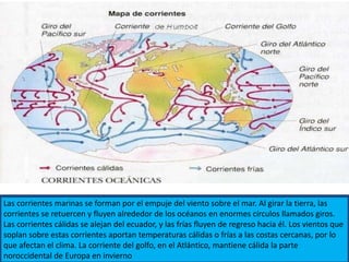 Las corrientes marinas se forman por el empuje del viento sobre el mar. Al girar la tierra, las
corrientes se retuercen y fluyen alrededor de los océanos en enormes círculos llamados giros.
Las corrientes cálidas se alejan del ecuador, y las frías fluyen de regreso hacia él. Los vientos que
soplan sobre estas corrientes aportan temperaturas cálidas o frías a las costas cercanas, por lo
que afectan el clima. La corriente del golfo, en el Atlántico, mantiene cálida la parte
noroccidental de Europa en invierno
 