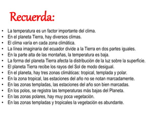 Recuerda:
• La temperatura es un factor importante del clima.
• En el planeta Tierra, hay diversos climas.
• El clima varía en cada zona climática.
• La línea imaginaria del ecuador divide a la Tierra en dos partes iguales.
• En la parte alta de las montañas, la temperatura es baja.
• La forma del planeta Tierra afecta la distribución de la luz sobre la superficie.
• El planeta Tierra recibe los rayos del Sol de modo desigual.
• En el planeta, hay tres zonas climáticas: tropical, templada y polar.
• En la zona tropical, las estaciones del año no se notan marcadamente.
• En las zonas templadas, las estaciones del año son bien marcadas.
• En los polos, se registra las temperaturas más bajas del Planeta.
• En las zonas polares, hay muy poca vegetación.
• En las zonas templadas y tropicales la vegetación es abundante.
 