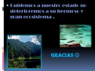 Cuidemos a nuestro estado no
 deterioremos a su hermoso y
 gran ecosistema .




                Gracias 
 