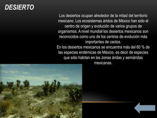 DESIERTO
Los desiertos ocupan alrededor de la mitad del territorio
mexicano. Los ecosistemas áridos de México han sido el
centro de origen y evolución de varios grupos de
organismos. A nivel mundial los desiertos mexicanos son
reconocidos como uno de los centros de evolución más
importantes de cactos.
En los desiertos mexicanos se encuentra más del 60 % de
las especies endémicas de México, es decir de especies
que sólo habitan en las zonas áridas y semiáridas
mexicanas.
 