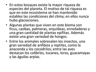 • En estos bosques existe la mayor riqueza de
  especies del planeta. El motivo de tal riqueza es
  que en este ecosistema se han mantenido
  estables las condiciones del clima; en ellos nunca
  hubo glaciaciones.
• Algunas plantas que viven en este bioma son
  ficus, caobas, palmeras, orquídeas, enredaderas y
  una gran cantidad de plantas epifitas. Además
  existe una gran variedad de hongos.
• Entre los animales sobresalen los insectos, una
  gran variedad de anfibios y reptiles, como la
  anaconda y los cocodrilos; entre las aves
  destacan los colibríes, tucanes, loros, guacamayas
  y las águilas arpías.
 