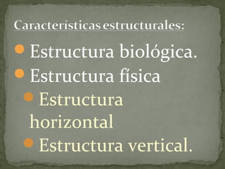 Estructura biológica.
Estructura física
 Estructura
 horizontal
 Estructura vertical.
 