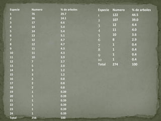 Especie   Numero   % de arboles   Especie Numero   % de arboles
1         76       29.7           1       122      44.5
2         36       14.1
                                  2       107      39.0
3         17       6.6
4         14       5.4
                                  3       12       4.4
5         14       5.4            4       11       4.0
6         13       5.1            5       10       3.6
7         12       4.7            6       8        2.9
8         12       4.7            7       1        0.4
9         11       4.3            8       1        0.4
10        11       4.3
                                  9       1        0.4
11        10       3.9
12        7        2.7
                                  10      1        0.4
13        5        2.0            Total   274      100
14        3        1.2
15        3        1.2
16        2        0.8
17        2        0.8
18        2        0.8
19        1        0.39
20        1        0.39
21        1        0.39
22        1        0.39
23        1        0.39
24        1        0.39
Total     256      100
 