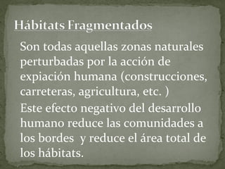 Son todas aquellas zonas naturales
perturbadas por la acción de
expiación humana (construcciones,
carreteras, agricultura, etc. )
Este efecto negativo del desarrollo
humano reduce las comunidades a
los bordes y reduce el área total de
los hábitats.
 