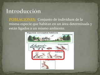 POBLACIONES: Conjunto de individuos de la
misma especie que habitan en un área determinada y
están ligados a un mismo ambiente.
 