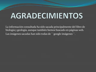 La información consultada ha sido sacada principalmente del libro de
biología y geología, aunque también hemos buscado en páginas web.
Las imágenes sacadas han sido todas de ``google imágenes´´.
 