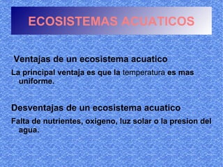 ECOSISTEMAS ACUATICOS

Ventajas de un ecosistema acuatico
La principal ventaja es que la temperatura es mas
  uniforme.


Desventajas de un ecosistema acuatico
Falta de nutrientes, oxigeno, luz solar o la presion del
  agua.
 