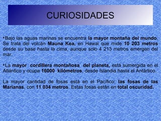 CURIOSIDADES


 Bajo las aguas marinas se encuentra la mayor montaña del mundo.
Se trata del volcán Mauna Kea, en Hawai que mide 10 203 metros
desde su base hasta la cima, aunque solo 4 213 metros emergen del
mar.

 La mayor cordillera montañosa del planeta, está sumergida en el
Atlántico y ocupa 16000 kilómetros, desde Islandia hasta el Antártico.

La mayor cantidad de fosas está en el Pacífico: las fosas de las
Marianas, con 11 034 metros. Estas fosas están en total oscuridad.
 