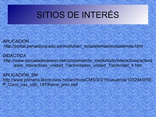 SITIOS DE INTERÉS

APLICACIÓN
http://portal.perueduca.edu.pe/modulos/r_ecosistemas/ecosistemas.html

DIDÁCTICA
http://www.escueladeverano.net/conocimiento_medio/todo/interactivas/activid
      ades_interactivas_unidad_7/actividades_unidad_7/actividad_4.htm

APLICACIÓN_SM
http://www.primaria.librosvivos.net/archivosCMS/3/3/16/usuarios/103294/9/5E
P_Cono_cas_ud5_187/frame_prim.swf
 