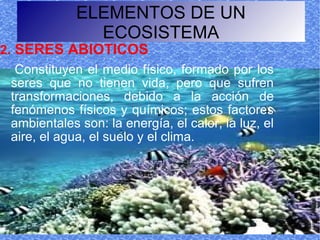 ELEMENTOS DE UN
               ECOSISTEMA
2. SERES ABIOTICOS
  Constituyen el medio físico, formado por los
 seres que no tienen vida, pero que sufren
 transformaciones, debido a la acción de
 fenómenos físicos y químicos; estos factores
 ambientales son: la energía, el calor, la luz, el
 aire, el agua, el suelo y el clima.
 