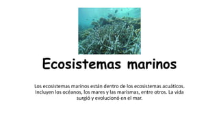 Ecosistemas marinos
Los ecosistemas marinos están dentro de los ecosistemas acuáticos.
Incluyen los océanos, los mares y las marismas, entre otros. La vida
surgió y evolucionó en el mar.
 