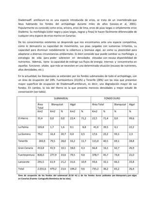 Diademaaff. antillarum no es una especie introducida de erizo, se trata de un invertebrado que
lleva habitando los fondos del archipiélago durante miles de años (Lessios et al, 2001).
Popularmente es conocido como eriza, ericera, erizo de lima, erizo de púas largas o simplemente erizo
Diadema. Su morfología (color negro y púas largas, negras y finas) le hacen fácilmente diferenciable de
cualquier otra especie de erizo marino en Canarias.
De los conocimientos existentes se desprende que nos encontramos ante una especie competitiva,
como lo demuestra su capacidad de movimiento, sus púas cargadas con sustancias irritantes, su
capacidad para disminuir notablemente la cobertura y biomasa algal, así como su plasticidad para
adaptarse a diversas circunstancias ambientales. Es bien conocido que puede cambiar su morfología y
estrategia de vida para poder sobrevivir en densidades elevadas con escasa disponibilidad de
nutrientes. Además, tiene la capacidad de redirigir sus flujos de energía internos y concentrarlos en
aquellas funciones vitales que más se necesiten en una determinada situación (escasez de nutrientes,
altas densidades, etc.).
En la actualidad, los blanquizales se extienden por los fondos submareales de todo el archipiélago, con
un área de ocupación del 24%. Fuerteventura (33,6%) y Tenerife (28%) son las islas que presentan
mayor superficie de ocupación de Diademaaff.antillarum, es decir, una degradación mayor de sus
fondos. En cambio, la isla del Hierro es la que presenta menores densidades y mejor estado de
conservación (ver tabla).
SUBMAREAL FONDO DURO
Área
Total
Blanquizal Algal Área Total Blanquizal Algal
Km2 Km2 % Km2 % Km2 % % %
El Hierro 31,4 0,0 0,0 22,4 71,2 22,5 71,4 0,0 99,6
La Palma 103,8 1,7 1,6 9,1 8,8 41,0 39,5 4,1 22,2
La Gomera 79,2 16,4 20,7 0,4 0,5 17,6 22,2 93,1 2,3
Tenerife 283,9 79,5 28,0 33,2 11,7 115,0 40,5 69,1 28,8
Gran Canaria 413,8 41,9 10,1 18,0 4,3 66,8 16,1 62,7 26,9
Fuerteventura 828,0 277,9 33,6 79,5 9,6 378,7 45,7 73,4 21,0
Lanzarote 291,5 61,9 21,2 31,6 10,9 93,6 32,1 66,1 33,8
Total 2.031,6 479,2 23,6 194,2 9,6 735,2 36,2 65,2 26,4
Área de ocupación de los fondos del submareal (0-50 m) y de los fondos duros poblados por blanquizal y por algas
en Canarias (Fuente: Cartografía Bionómica de las islas).
 