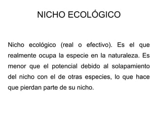 NICHO ECOLÓGICO


Nicho ecológico (real o efectivo). Es el que
realmente ocupa la especie en la naturaleza. Es
menor que el potencial debido al solapamiento
del nicho con el de otras especies, lo que hace
que pierdan parte de su nicho.
 