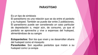 Es un tipo de simbiosis
El parasitismo es una relación que se da entre el parásito
y su huésped. También se puede dar entre 2 poblaciones,
El parasitismo puede ser considerado un caso particular
de depredación o, mejor aún, de consumo, ya que el
parásito se aprovecha y vive a expensas del huésped,
alimentándose de su sangre
Ectoparásitos: Son los que viven y se desarrollan afuera
del huésped como el mosquito
Parasitoides: Son aquellos parásitos que matan a su
huésped como La avispa
PARASITISMO
 