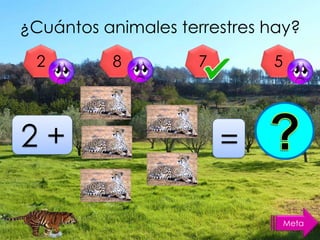 ¿Cuántos animales terrestres hay?
Meta
2 8 7 5
2 + = 7