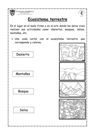 Ecosistema terrestre
Es el lugar en el suelo firme o en el aire donde los seres vivos
realizan sus actividades como: desiertos, bosques, selvas,
montañas, etc.
 Une cada cartel con el ecosistema terrestre que
corresponde y colorea.
Desierto
Montañas
Bosque
Selva
 