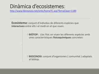Dinàmica d’ecosistemes:
http://www.librosvivos.net/smtc/homeTC.asp?TemaClave=1189
Ecosistema: conjunt d’individus de diferents espècies que
interactuen entre ells i el medi en el que viuen.
BIÒTOP: Lloc físic on viuen les diferents espècies amb
unes característiques fisicoquímiques concretes:
BIOCENOSI: conjunt d’organismes ( comunitat ) adaptats
al biòtop.
 