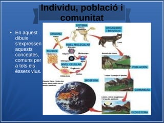 Individu, població i
comunitat
● En aquest
dibuix
s'expressen
aquests
conceptes,
comuns per
a tots els
éssers vius.
 