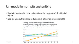 Un modello non più sostenibile
• Il debito legato alle rette universitarie ha raggiunto 1,2 trilioni di
dollari.
• Non c’è una sufficiente produzione di altissime professionalità
02/10/2019 Enrico Viceconte, 2016 38
 